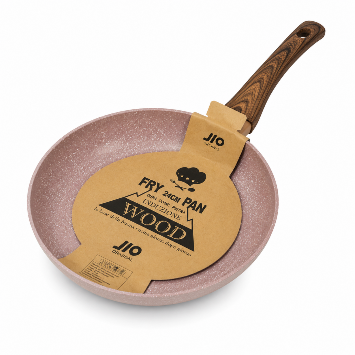 JIO Original Wood Fry Pan Márvány bevonatú serpenyő, fa hatású nyéllel - 24 cm - pezsgő szín