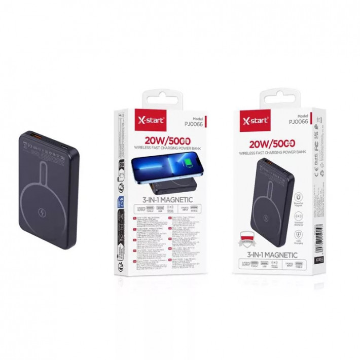 X-Start 3 az 1-ben Mágneses Power Bank 20W - fekete