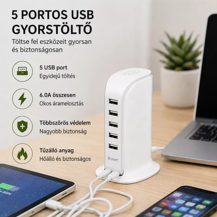 X-start 5 portos USB hálózati gyorstöltő