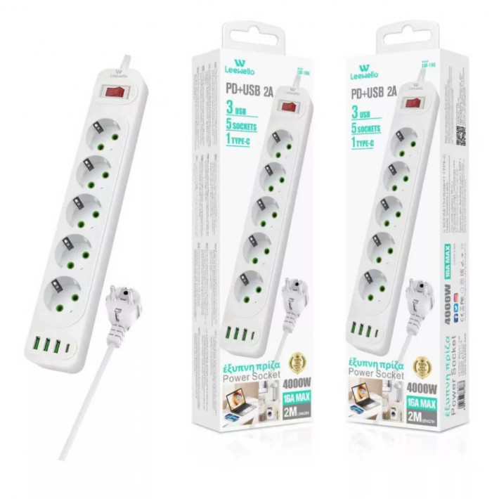 Leewello 5 aljzatos elosztó 3 USB és 1 Type-C csatlakozóval